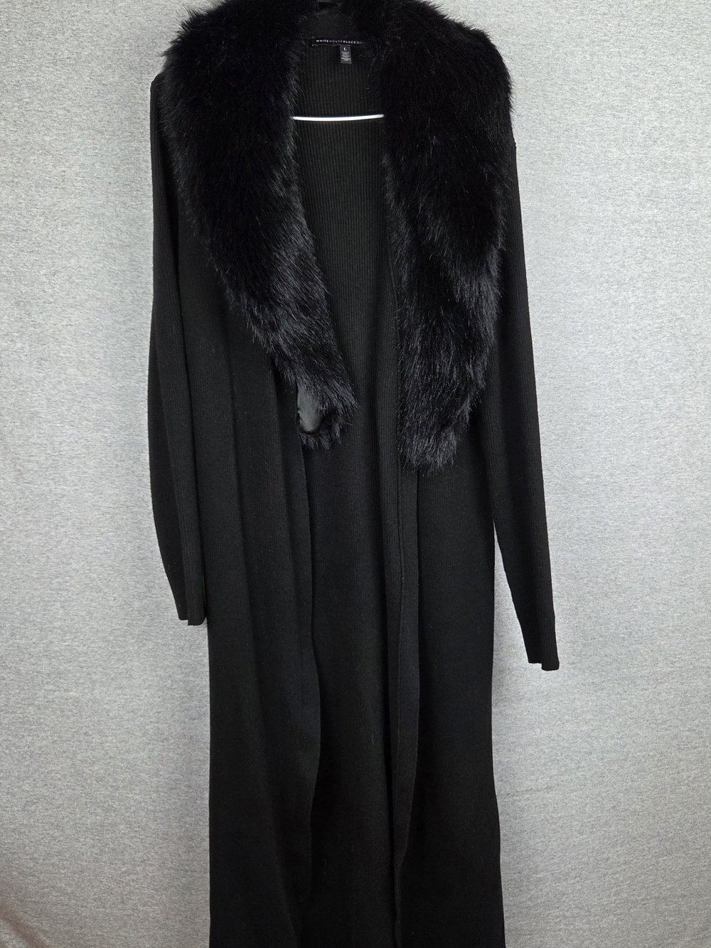 White House Black Market Black Long Cardigan Faux Fur Shawl Removable Collar LG